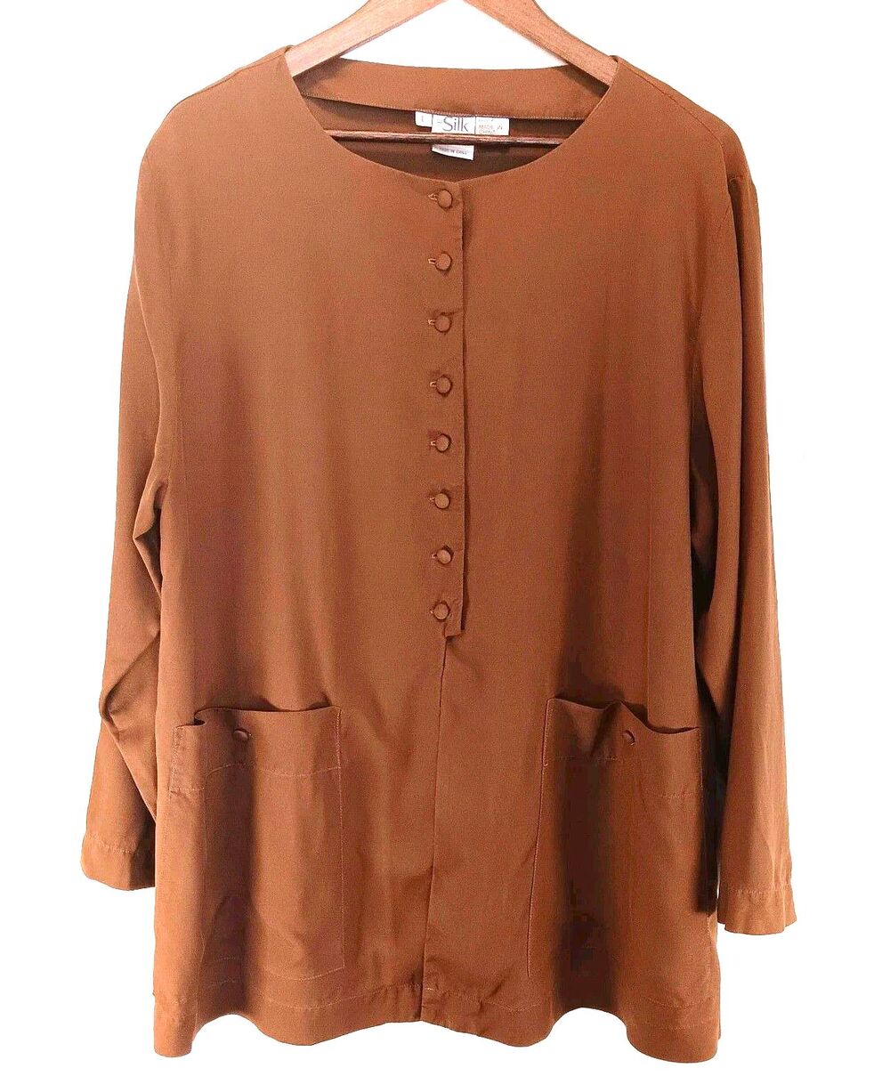 VTG 90s The Silk Collection Brown 100% Silk Henley Tunic Popover Blouse Large